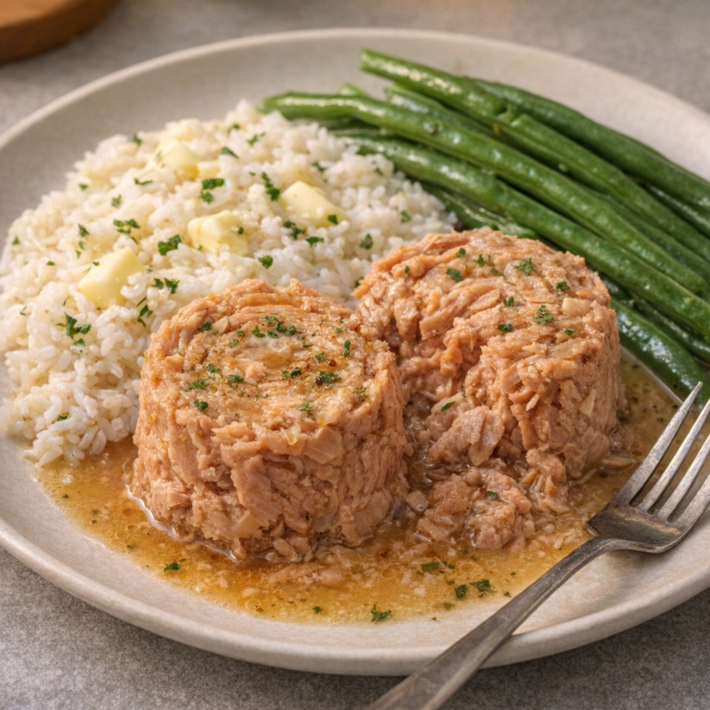 Served baked tuna with rice and green beans on a dinner plate