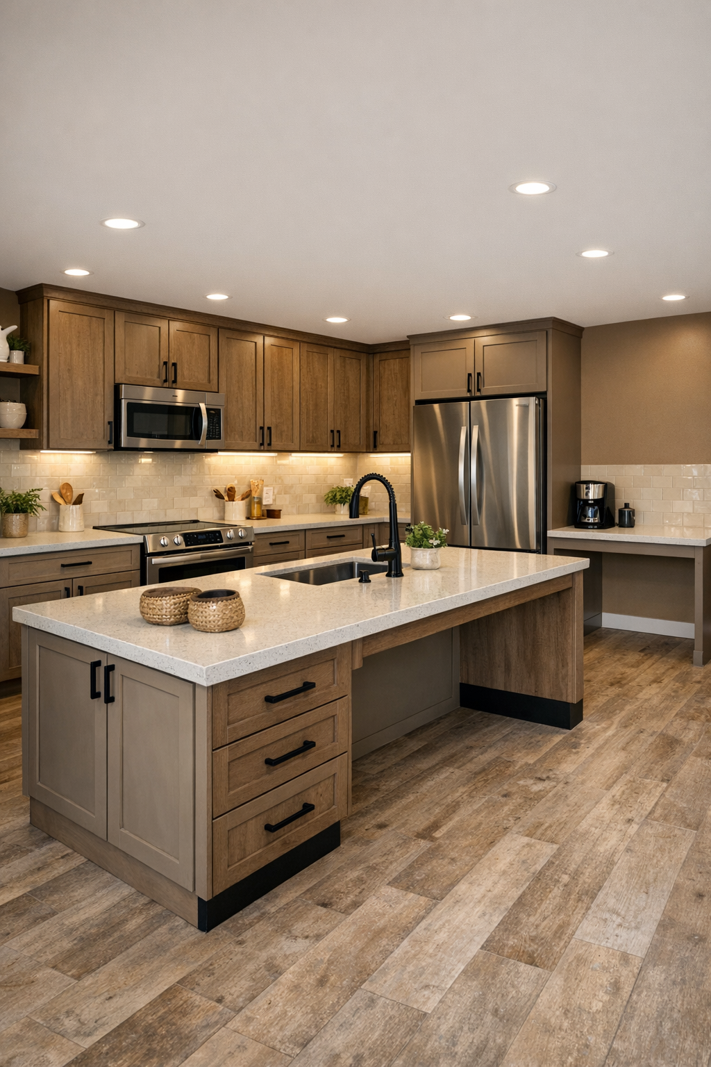 Warm modern kitchen with taupe cabinetry, pale quartz counters, and spacious accessible layout
