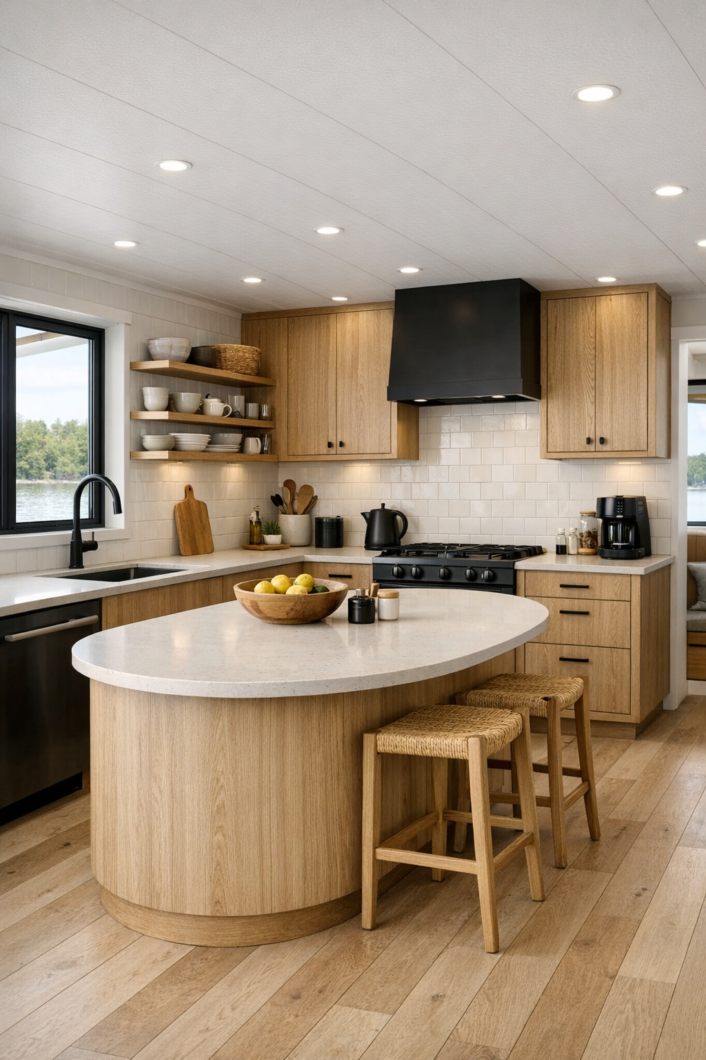 Barrier-free Scandinavian kitchen with washed oak cabinets, rounded island, and soft quartz counters