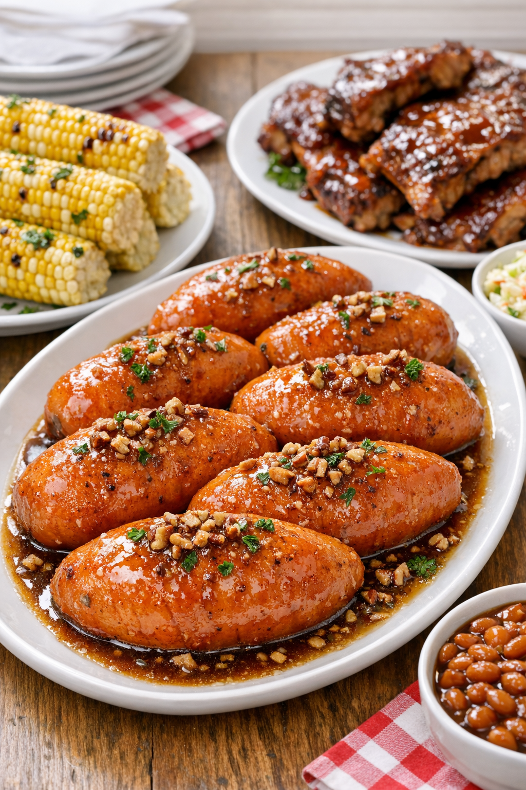 Plated slow cooker sweet potatoes with holiday sides