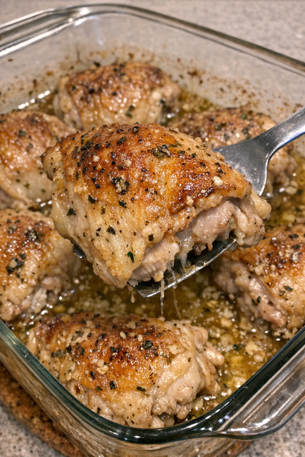 Golden roasted chicken thighs with herbs and buttery glaze in a rectangular baking dish