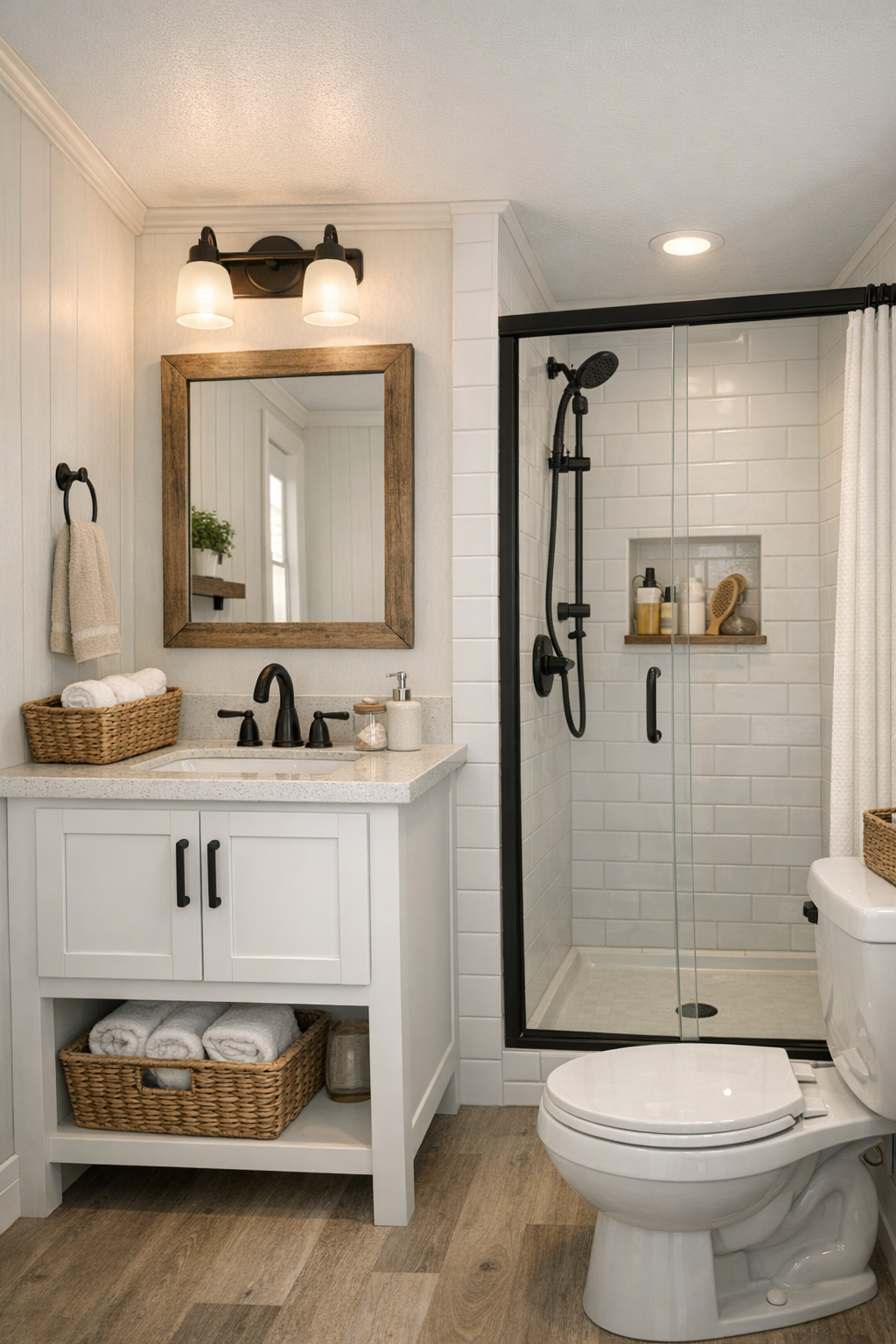 Compact farmhouse bathroom with white vanity and black fixtures