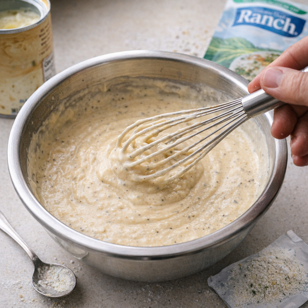 Creamy soup and ranch mixture being whisked in a bowl