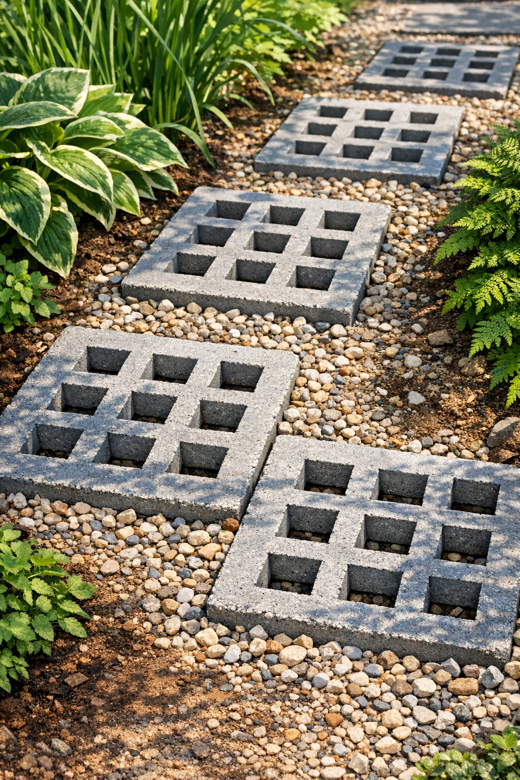 Finished lattice-pattern cement garden pavers installed in a garden path