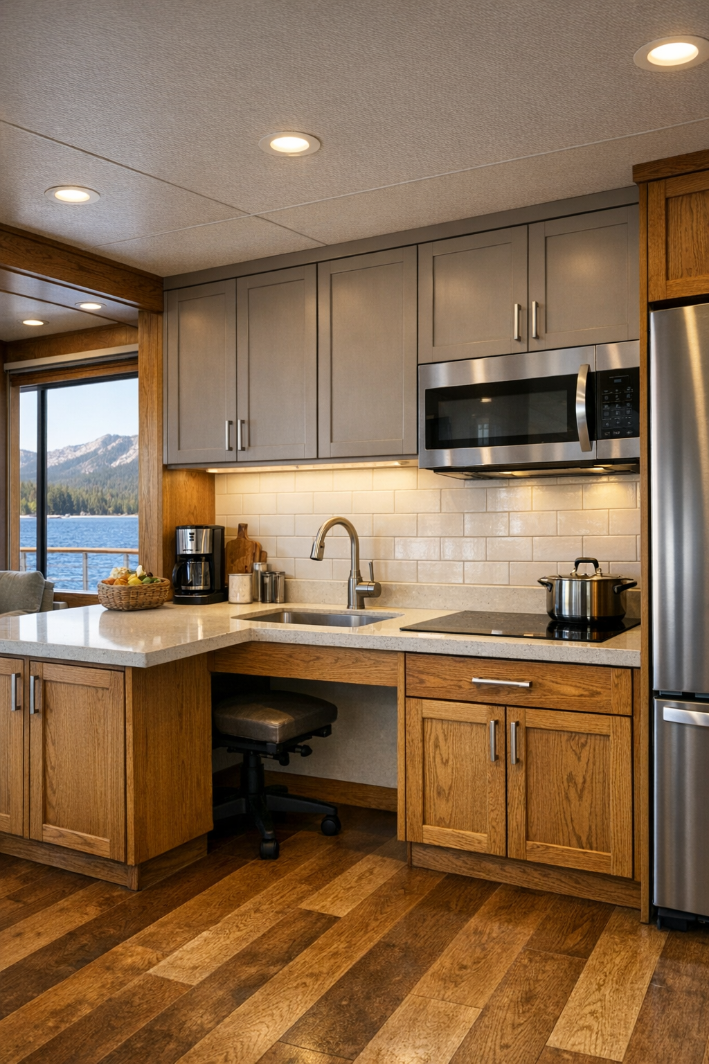Accessible houseboat kitchen with oak cabinetry, quartz counters, and soft taupe finishes