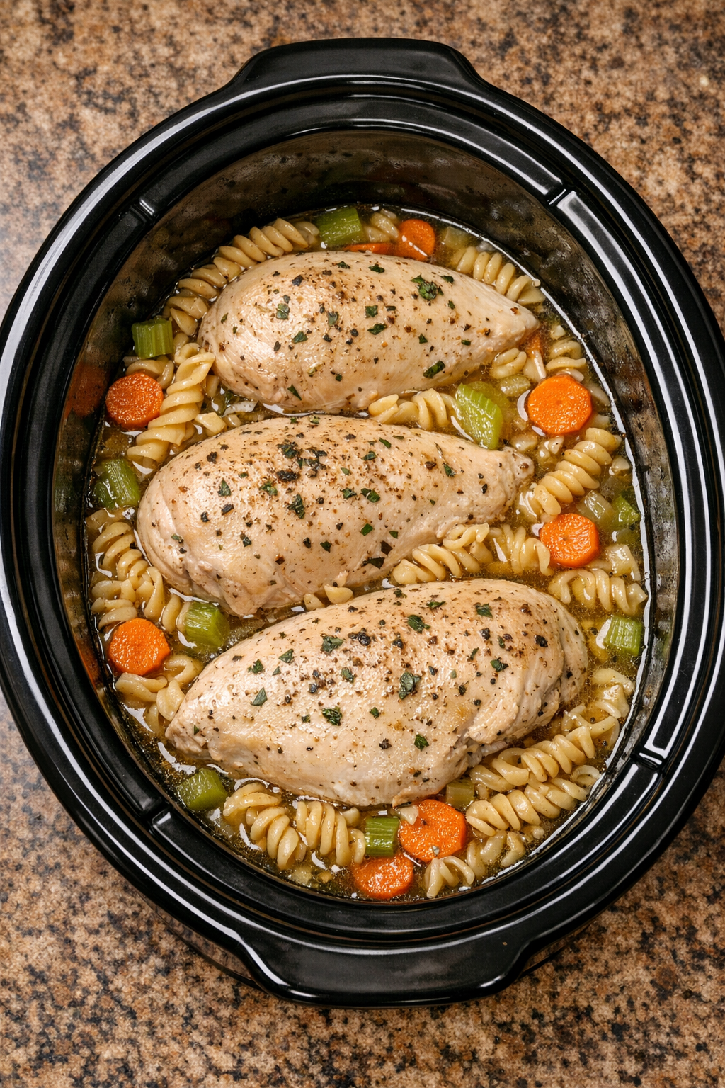 Cooked chicken breasts in broth in the slow cooker