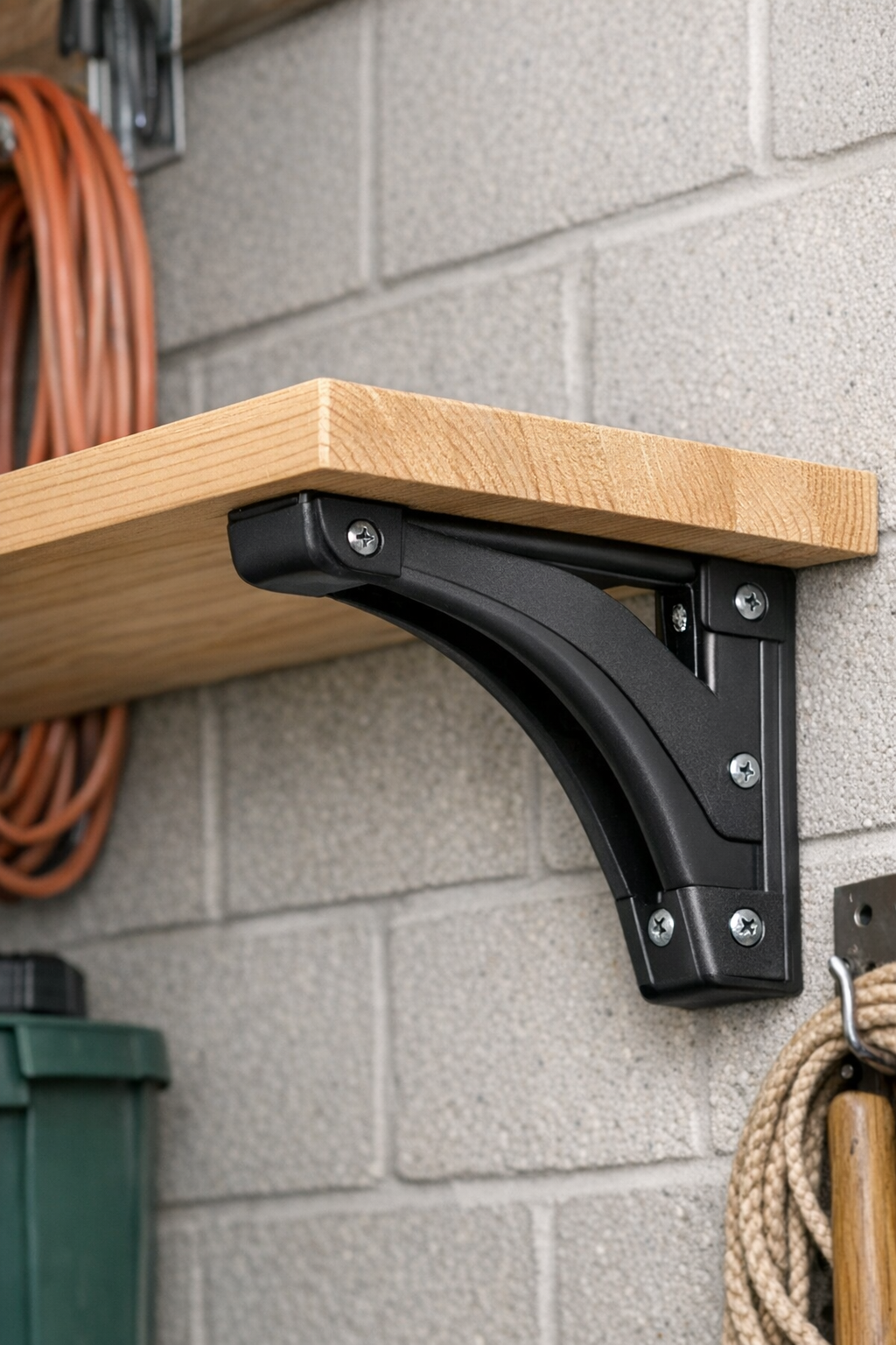 Finished heavy-duty shelf mounts made from melted plastic coat hangers supporting a utility shelf