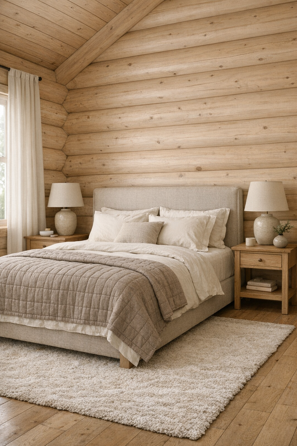 Peaceful bedroom with pale log walls, upholstered bed, ivory bedding, and soft window light