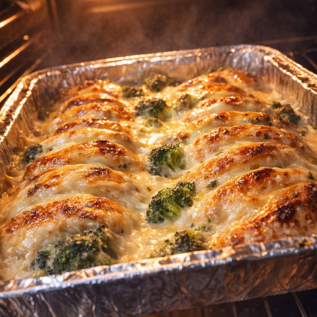 Een ovenschotel met broccoli, kaas en kip staat te pruttelen in de oven op een met folie beklede bakplaat.