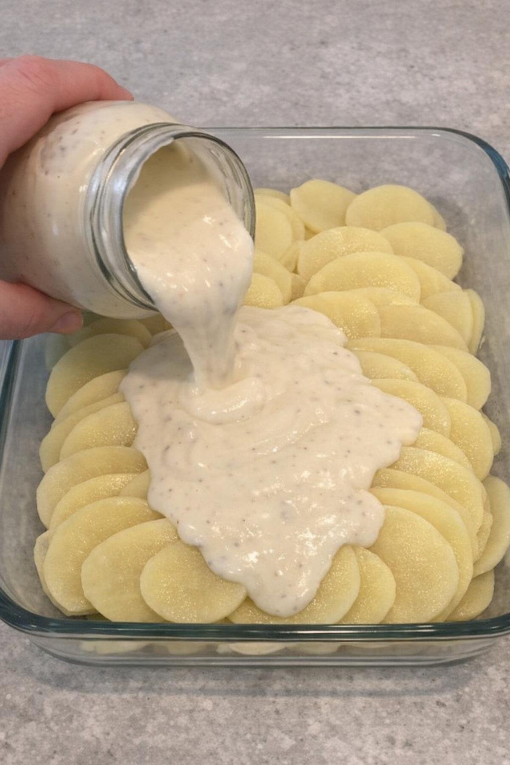 Hands pouring Alfredo sauce over sliced potatoes in a glass casserole dish