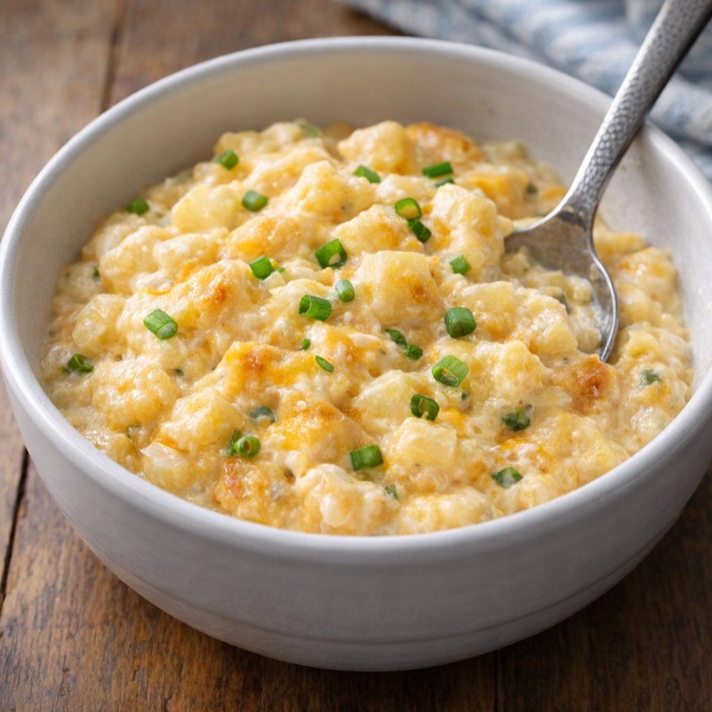 Slow cooker hash brown casserole served warm in a ceramic bowl