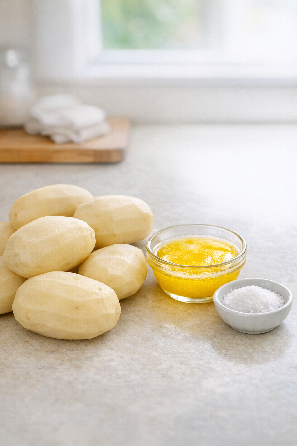 Peeled potatoes, melted butter, and salt on a kitchen counter