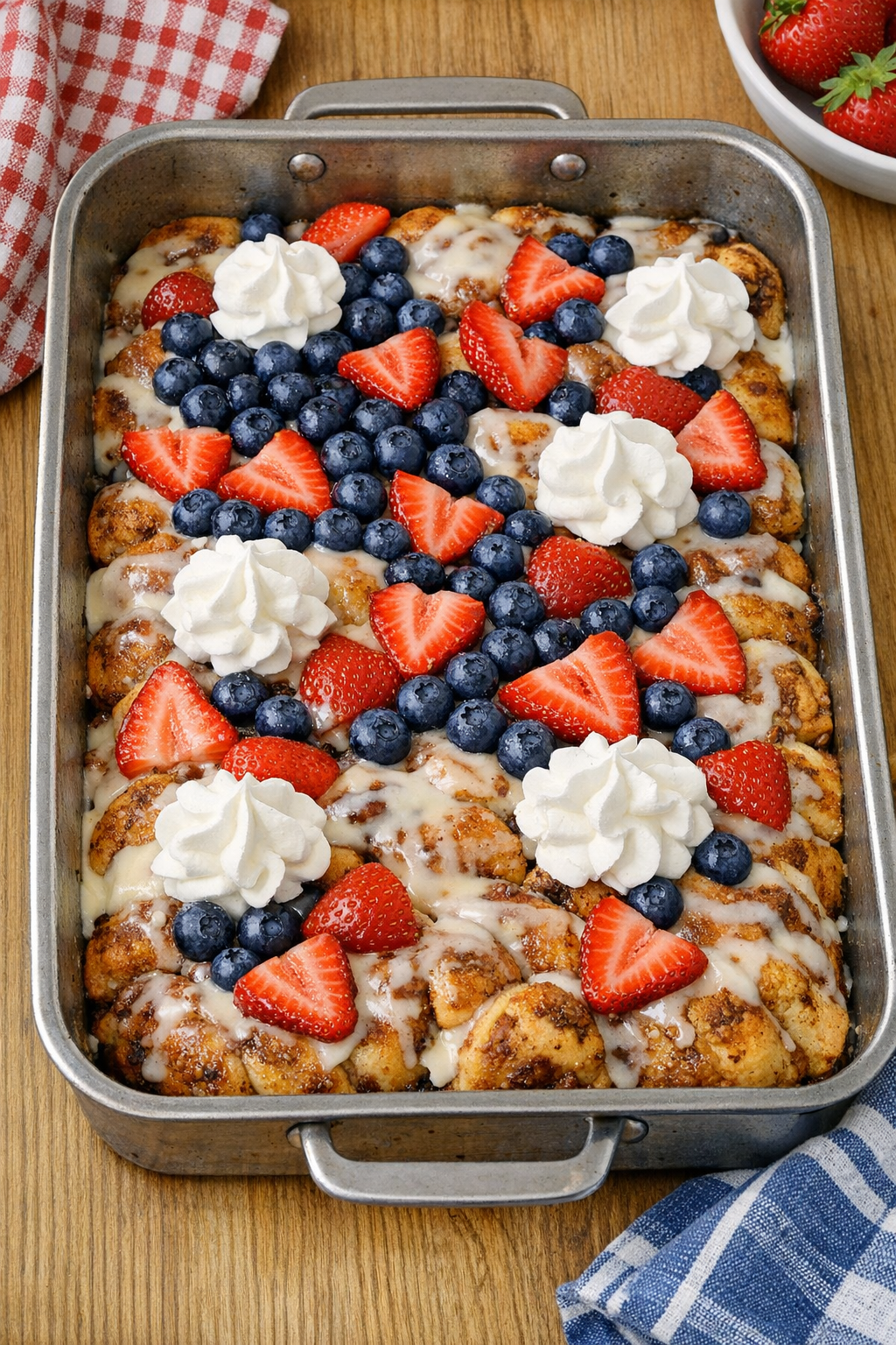 Finished cinnamon roll berry bake in roasting pan