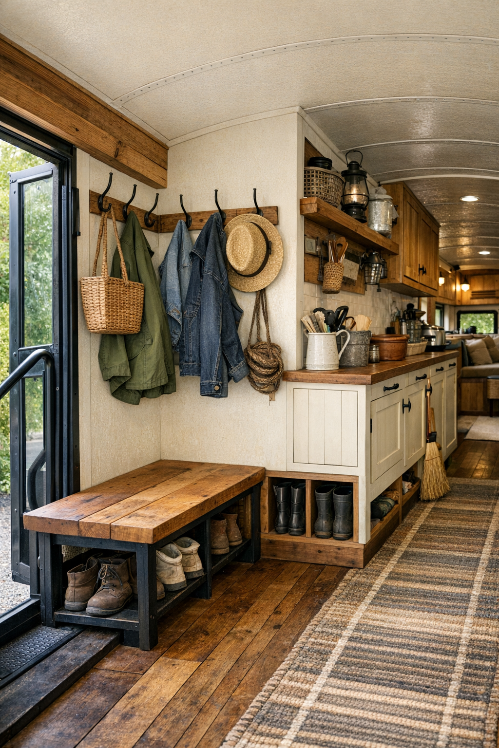 Bus entry and hallway storage area with bench, hooks, and rustic utility details