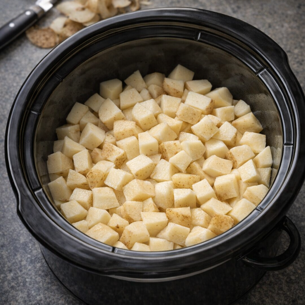 Cubed potatoes layered in a slow cooker