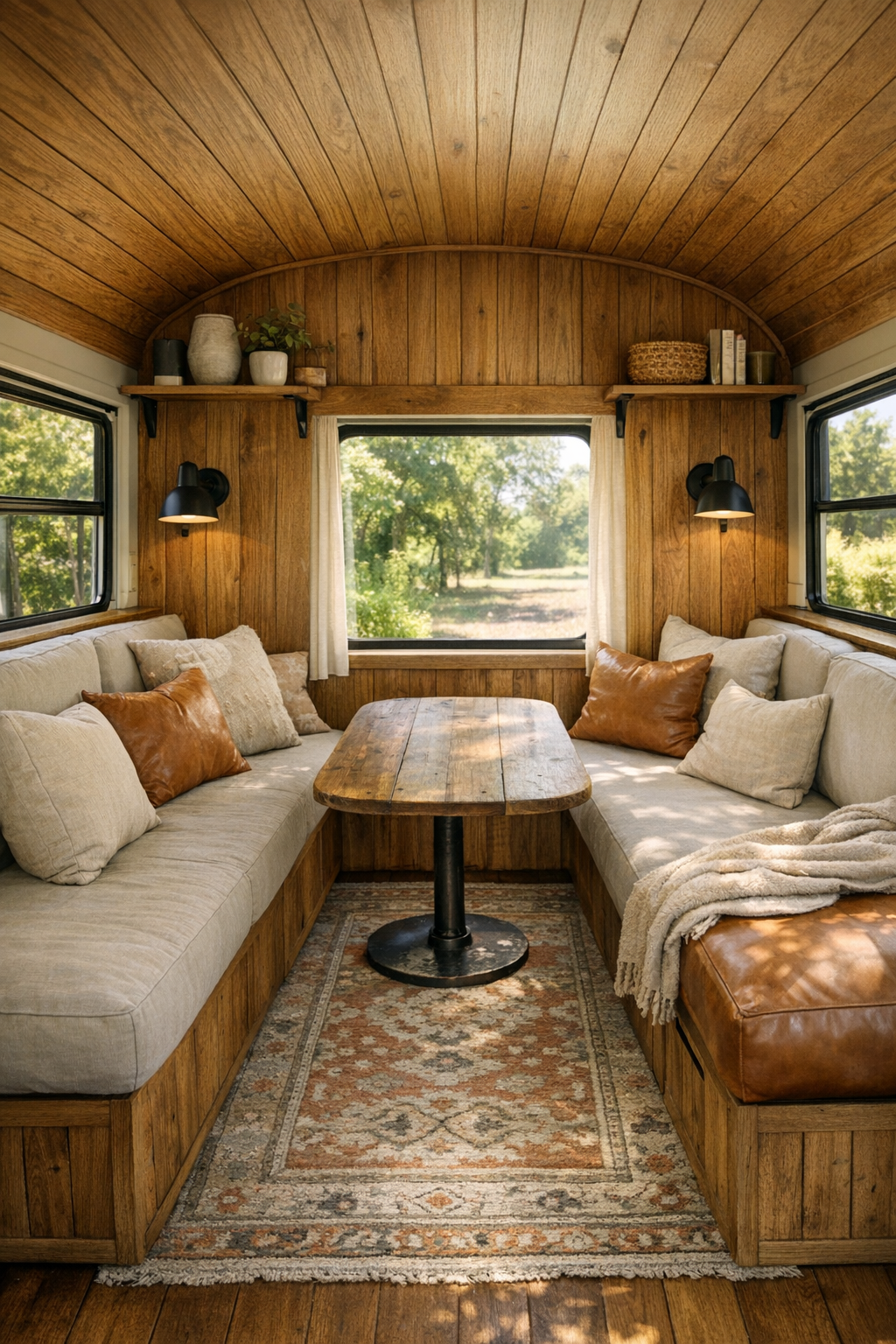 Rustic living room inside the converted bus with built-in bench seating and warm wood finishes