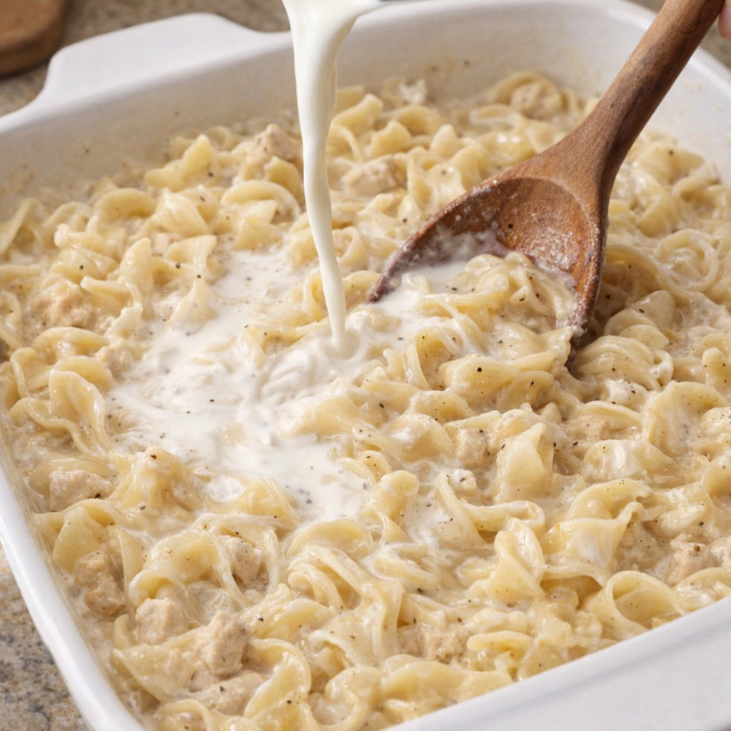 Cream being stirred into hot baked noodles