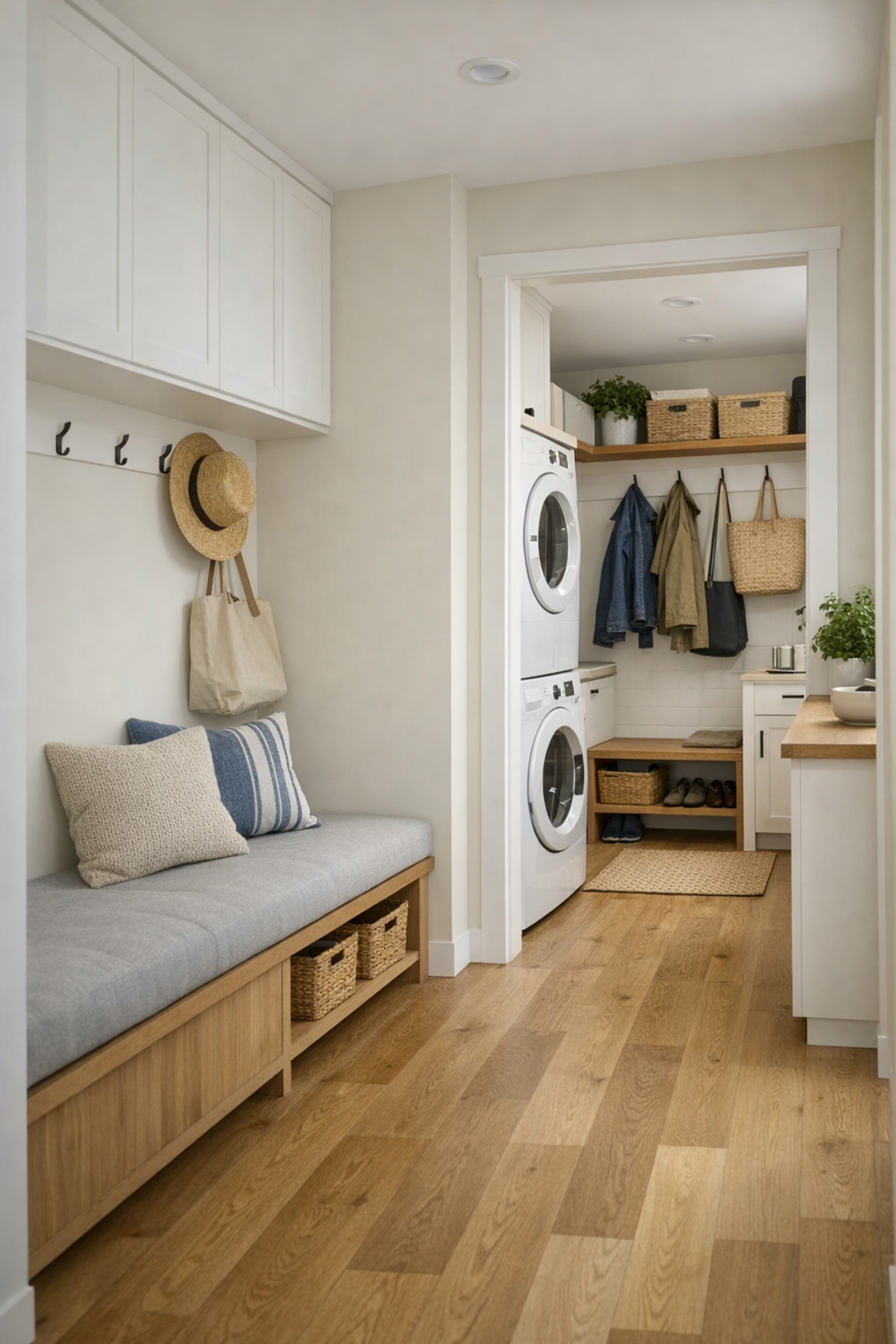 Organized hallway and utility area with built-in bench, storage, and soft natural light