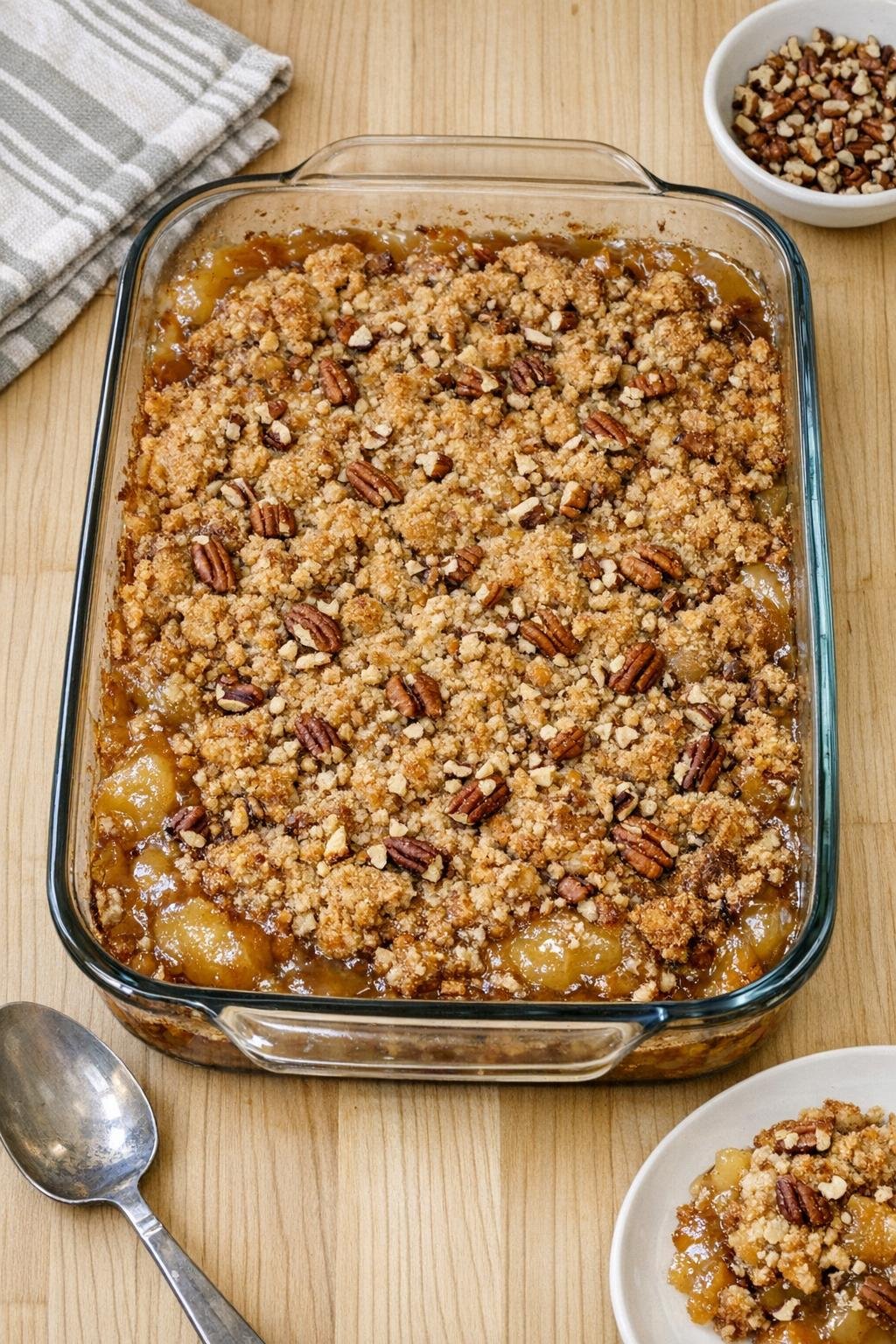 Baked spice cake dessert with apple filling in a 9x13 dish