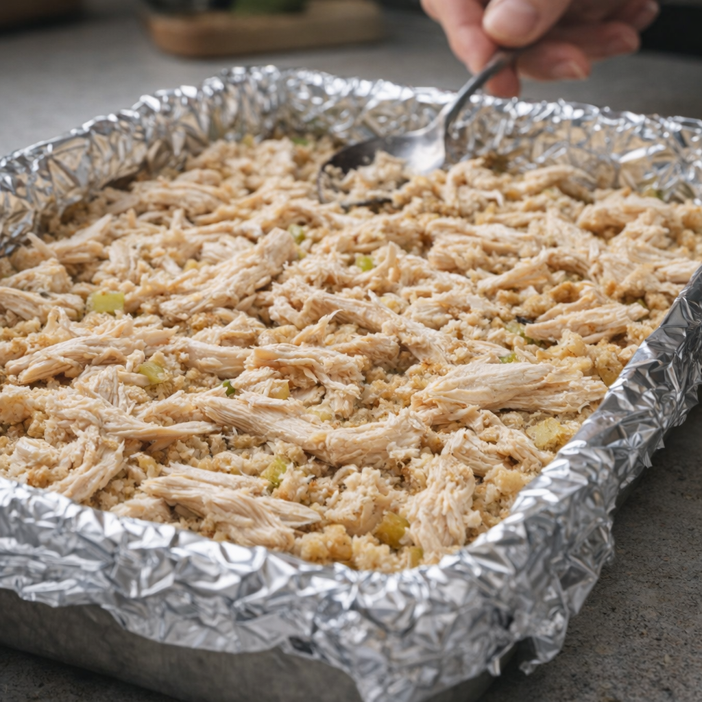 Shredded chicken spread in a foil-lined baking dish
