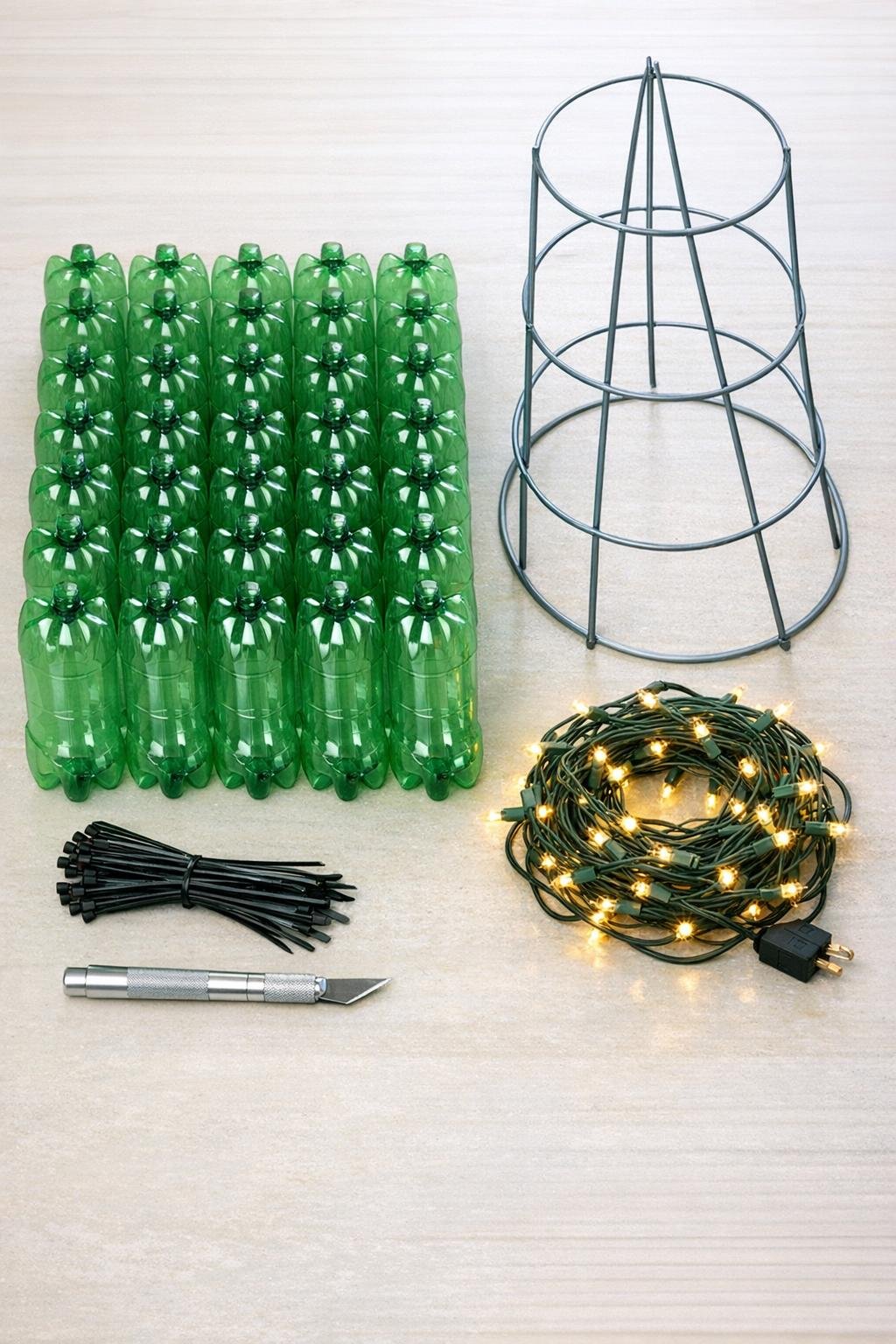 Materials for a bottle bottom porch tree laid out neatly