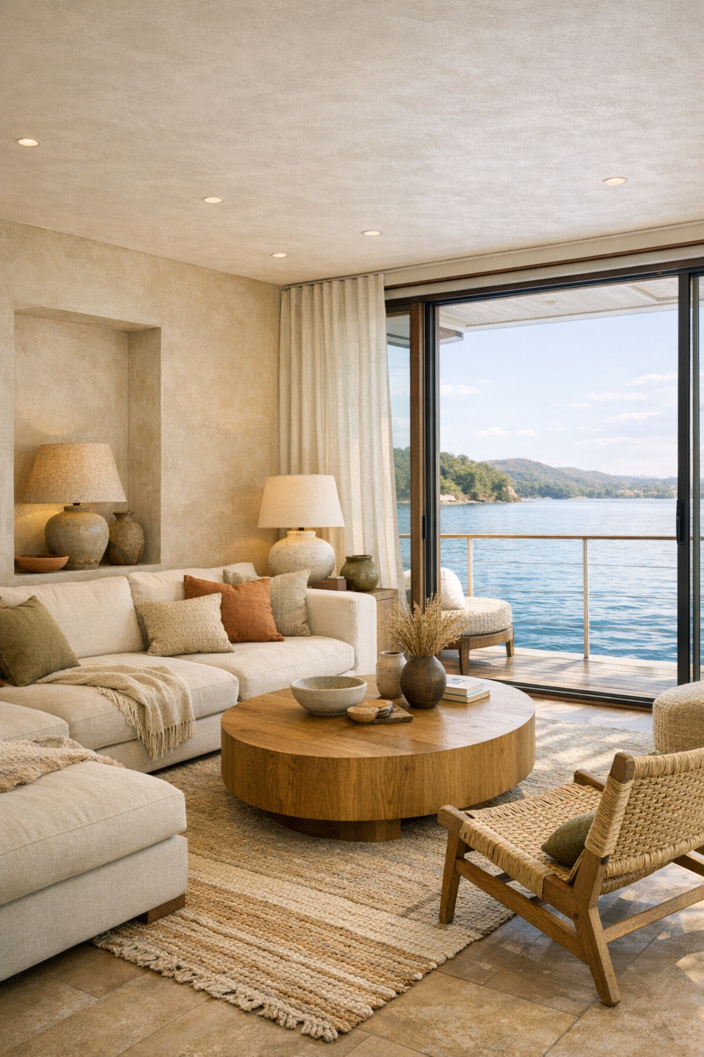 Mediterranean-style barrier-free living room with ivory sectional and water views