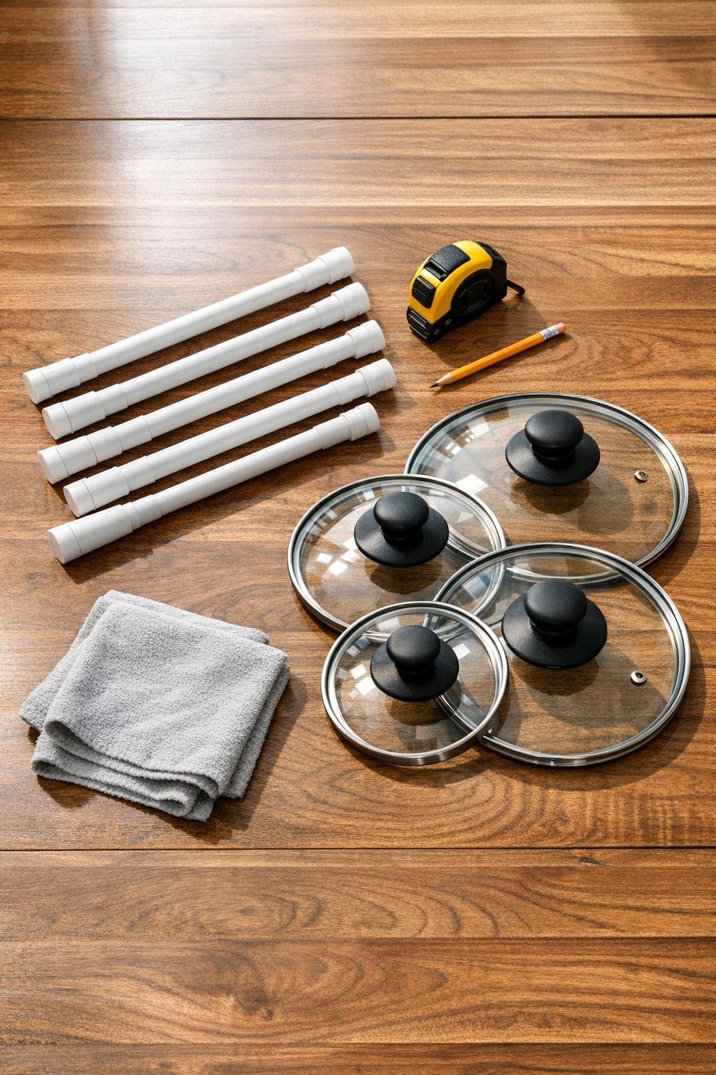 White plastic tension rods, pot lids, measuring tape, and cleaning cloth laid out for the drawer organizer project