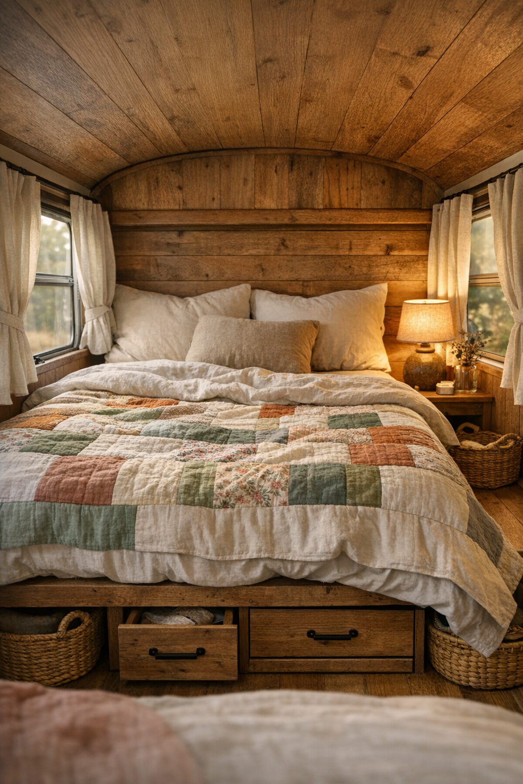 Peaceful bus bedroom with built-in bed, linen bedding, and warm rustic textures