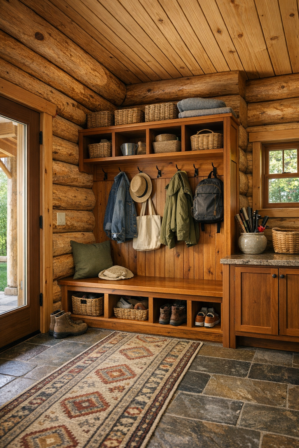 Thoughtful entry and mudroom area with built-in bench, wood cubbies, and rustic cedar details