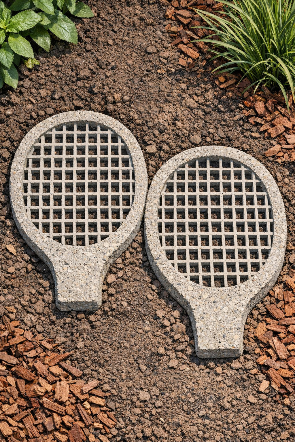 Finished heavy grid-textured yard slabs made from plastic tennis rackets and cement