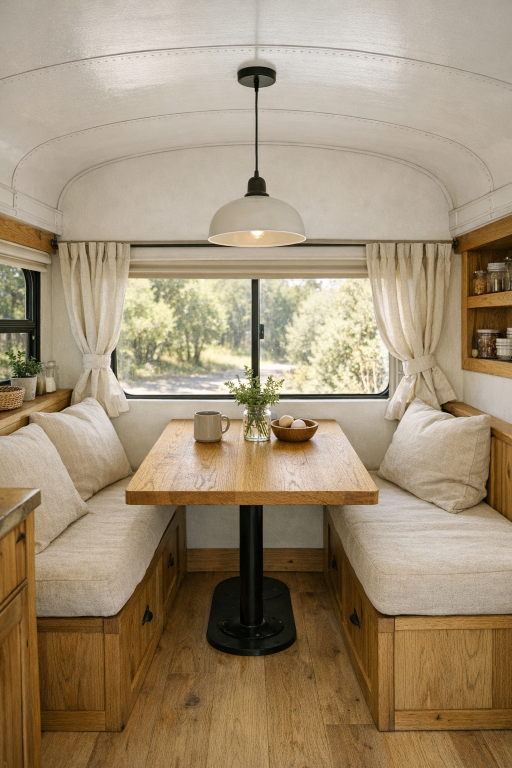 Compact bus dining nook with wood table and bench seating