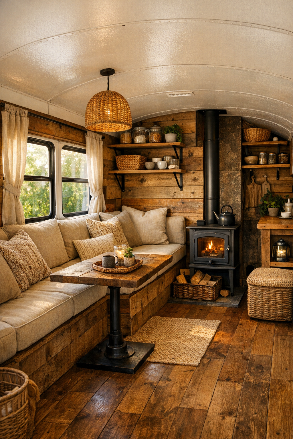 Rustic bus living room with built-in bench seating, wood walls, and warm natural light