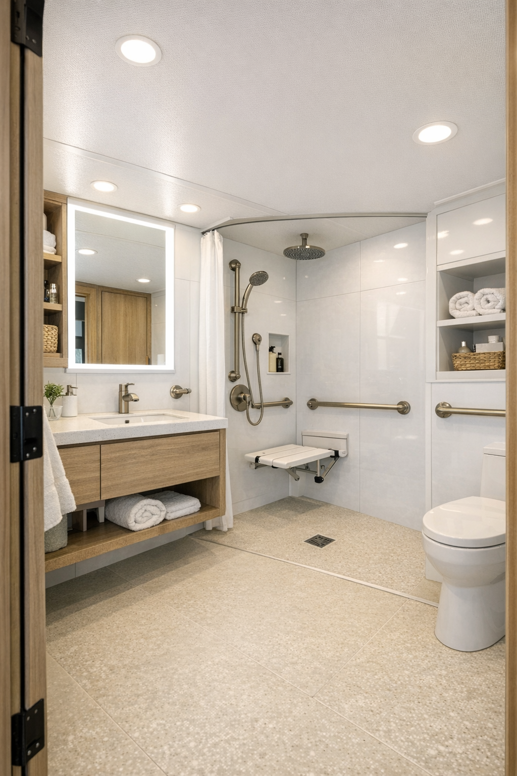 Accessible RV camper bathroom with curbless shower, floating vanity, and bright white finishes