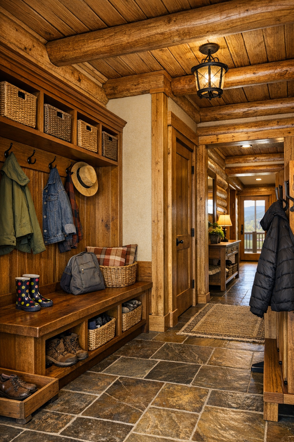 Functional mudroom and hallway area with built-in bench, cubbies, and handcrafted wood details