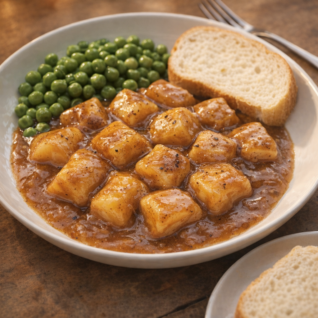 A serving of potatoes and gravy with peas and bread on the side