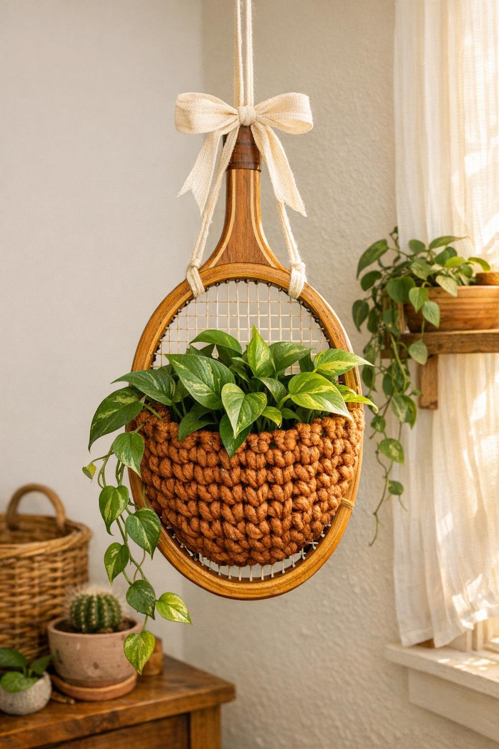 Finished crochet hanging planter made from a vintage tennis racket