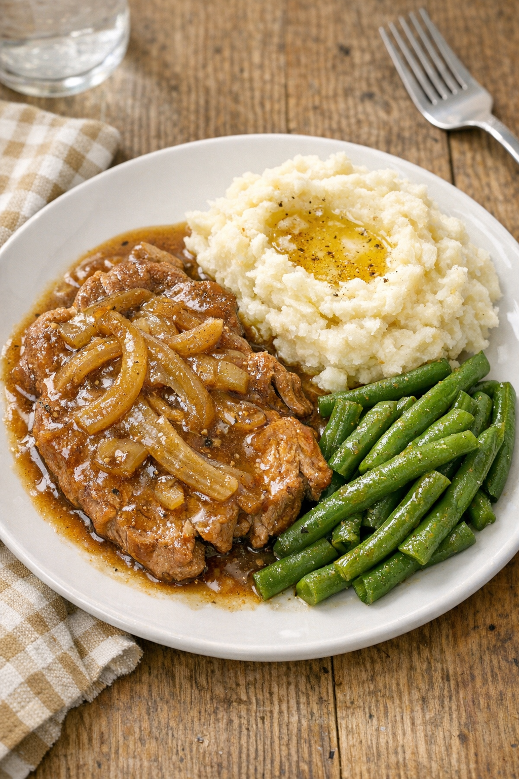Finished slow cooker pork steaks plated with sauce