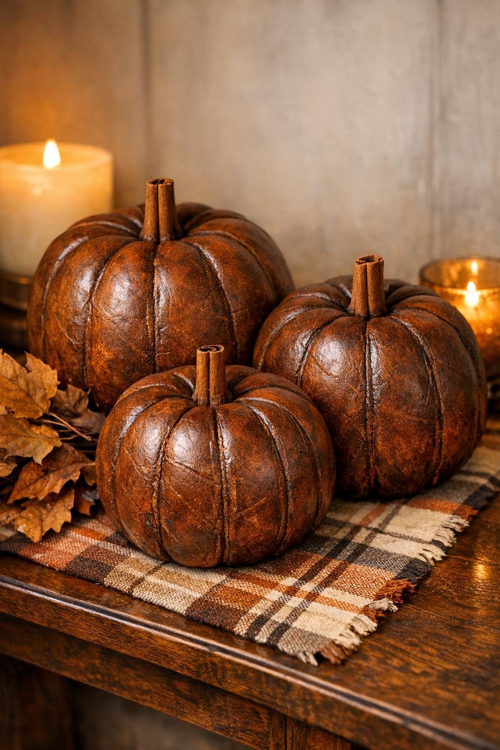 Finished faux leather harvest pumpkins styled on a fall table