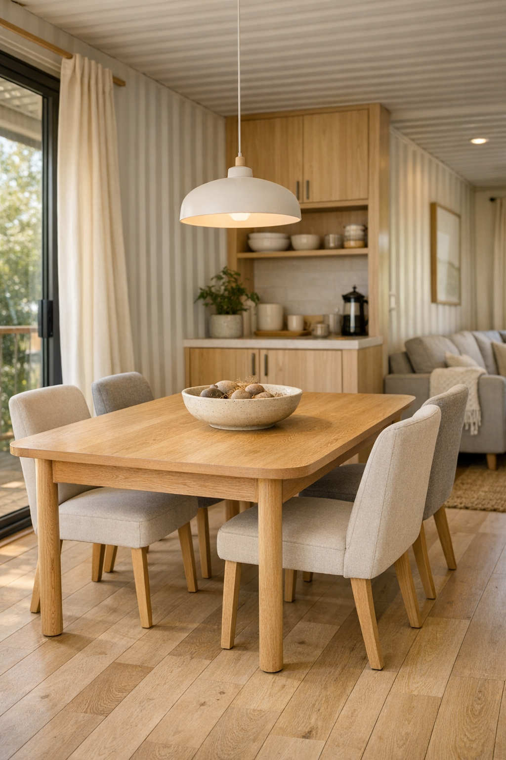 Light oak dining room with rounded table, upholstered chairs, and warm pendant lighting