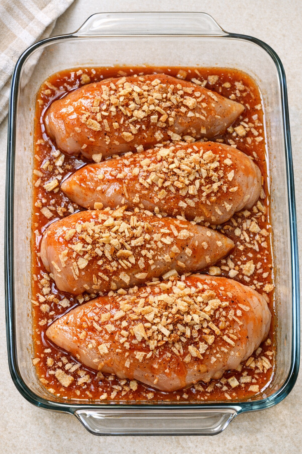 Chicken breasts topped with dressing and soup mix