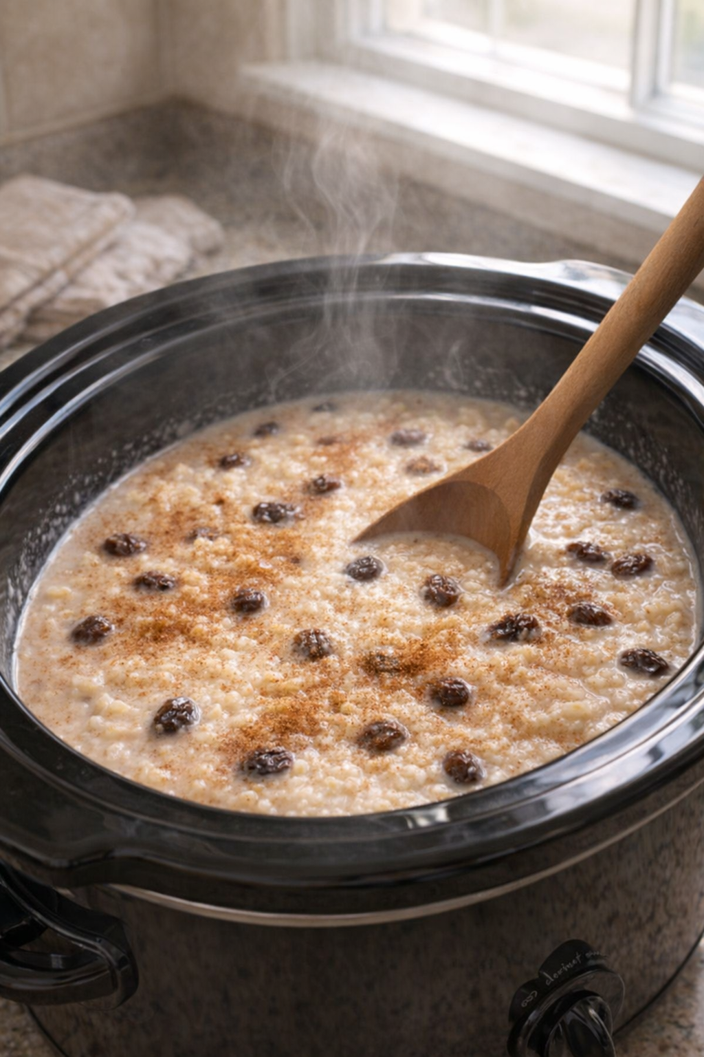 Slow cooker rice pudding in a cozy kitchen setting