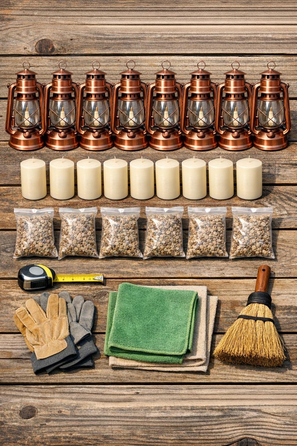 Copper lanterns, cream pillar candles, and outdoor decorating materials laid out together