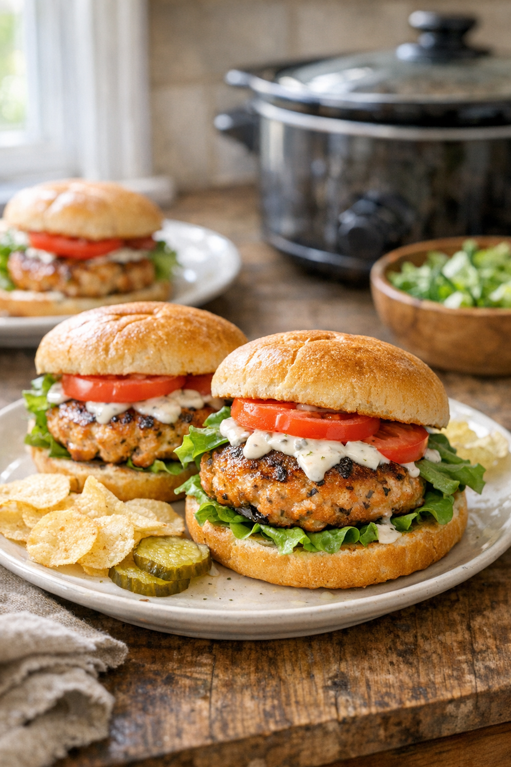 Finished slow cooker salmon burgers plated on buns with sauce