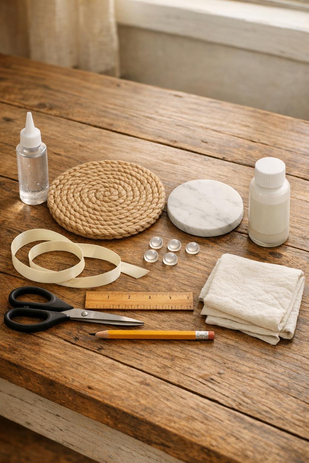 Materials for a woven placemat and marble coaster catchall tray