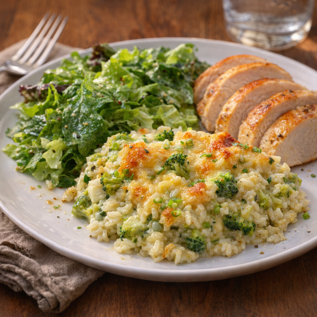 Casserole plated with green salad and roasted chicken
