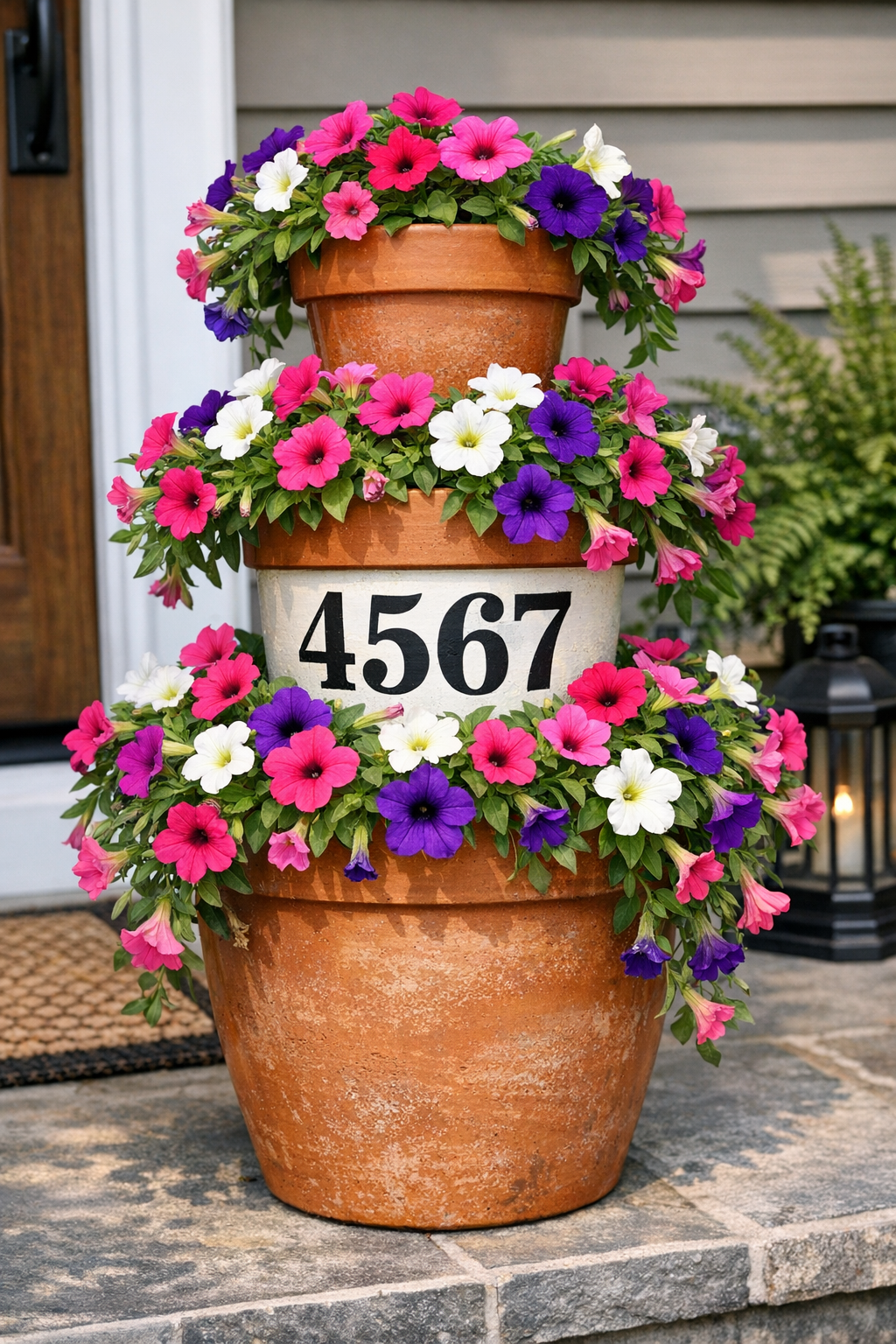 Finished stacked terracotta pot address planter with trailing petunias on a front porch