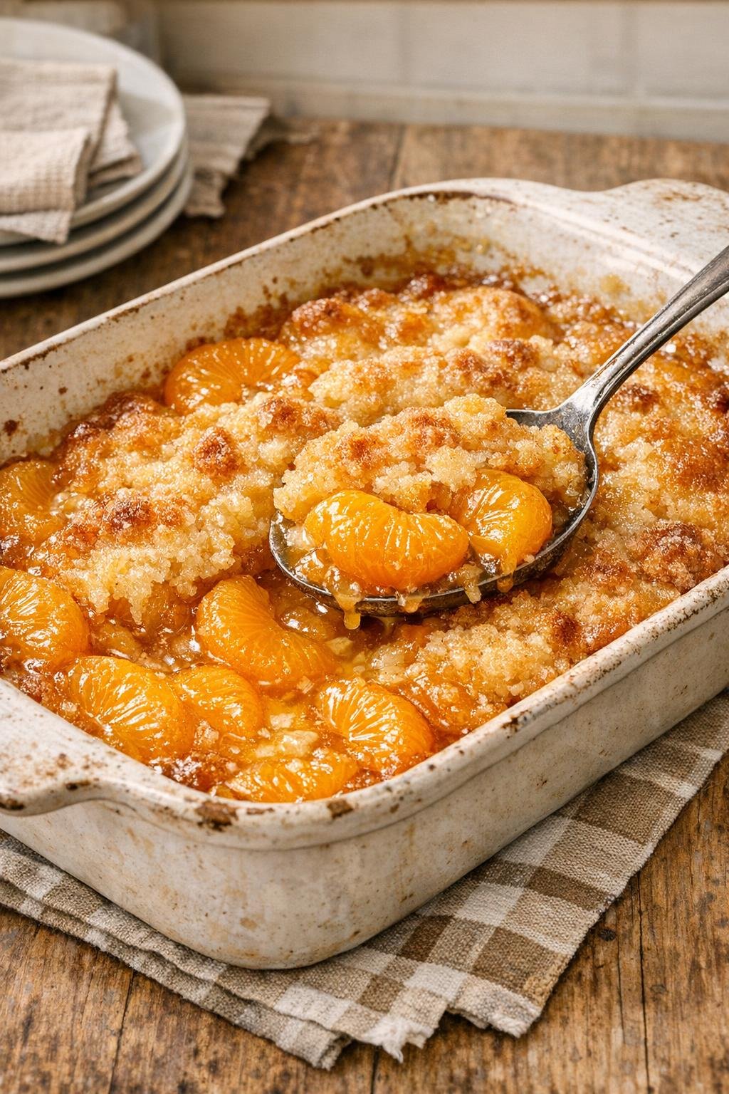 Finished baked mandarin dessert in a rustic serving dish