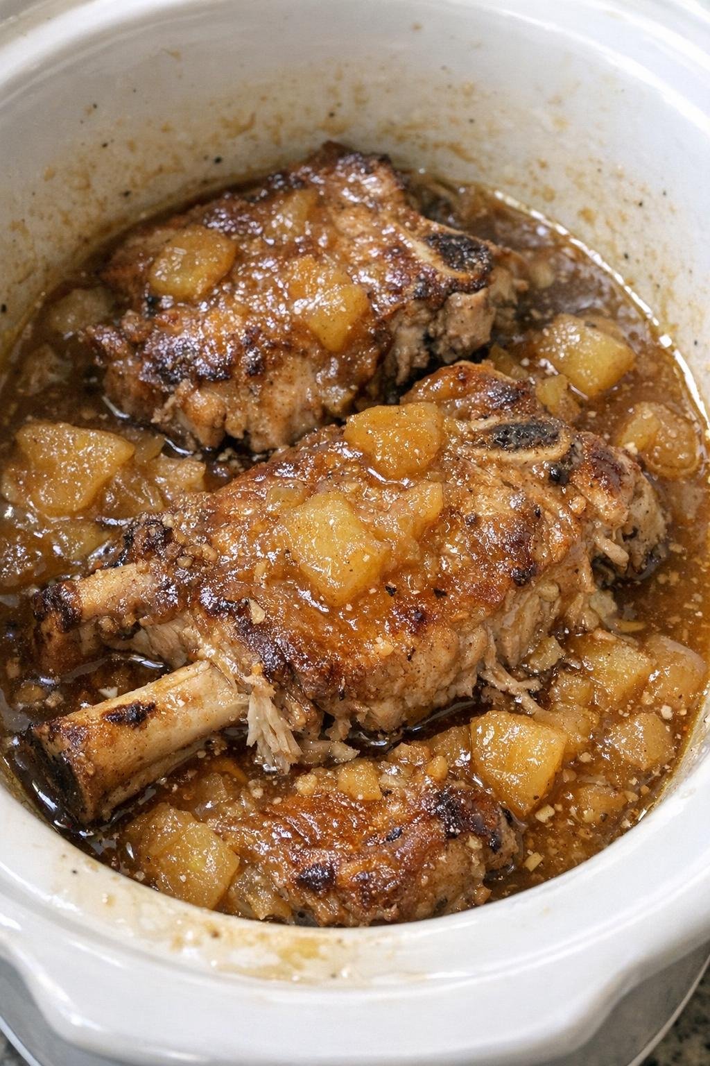 Slow cooker pear ginger pork chops in a white slow cooker