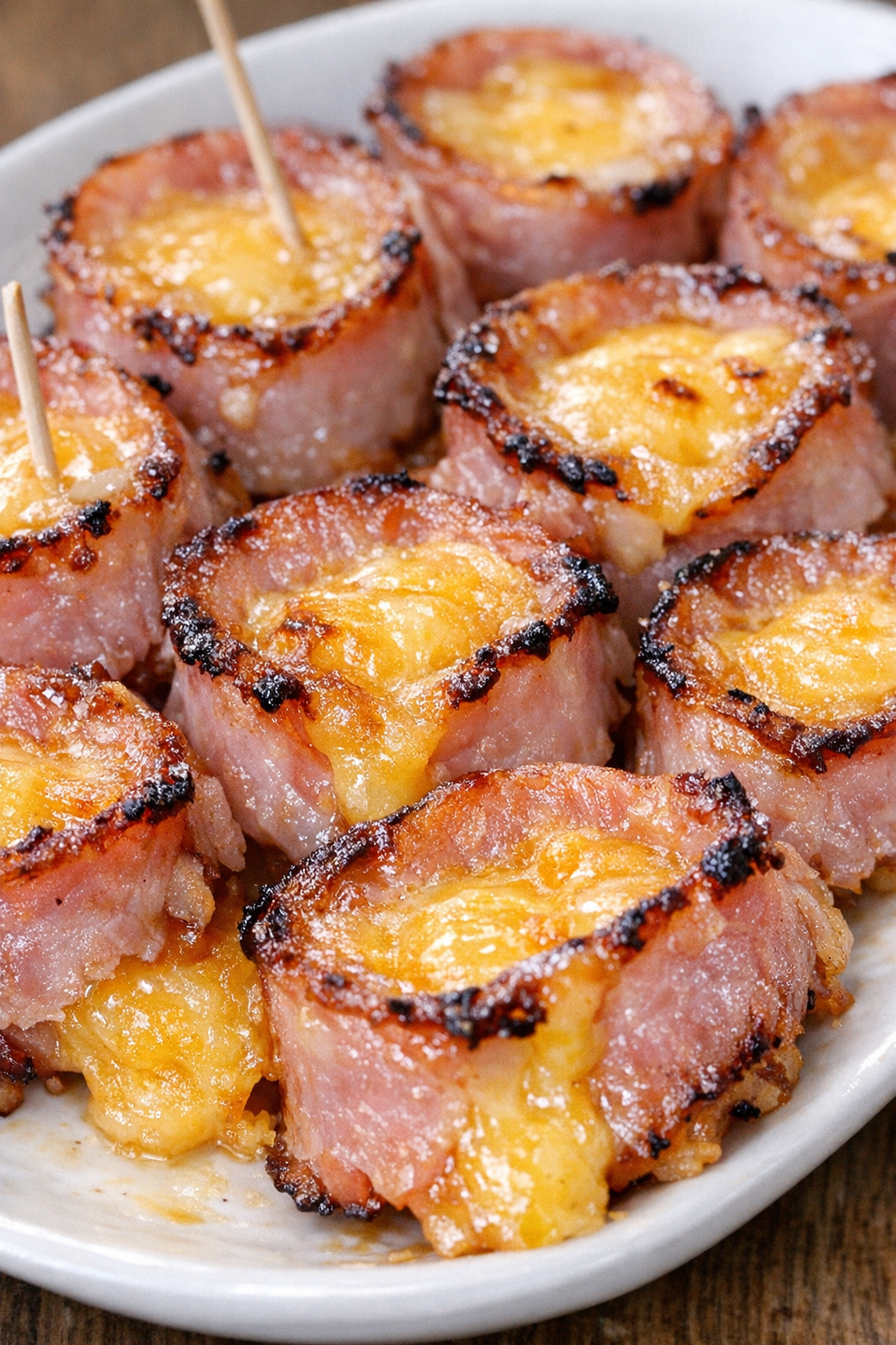 Low carb ham cheddar bites on a serving platter