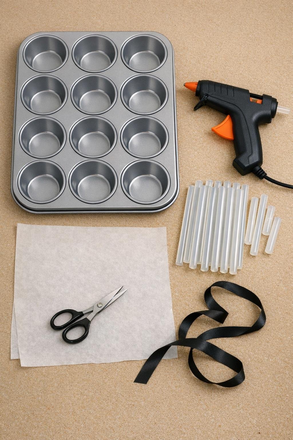Metal muffin tin, hot glue gun, glue sticks, and basic craft supplies laid out on a table